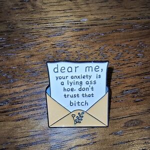 Women’s Jewelry White Paper Black Text Orange Envelope Pin with Floral Design